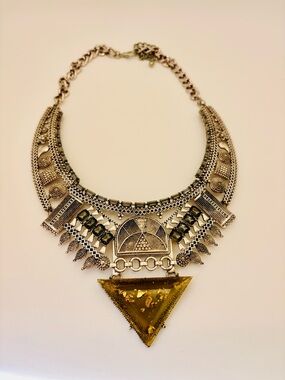 Bold Statement Geometric Necklace with Amber Resin Pendant – Tribal Inspired